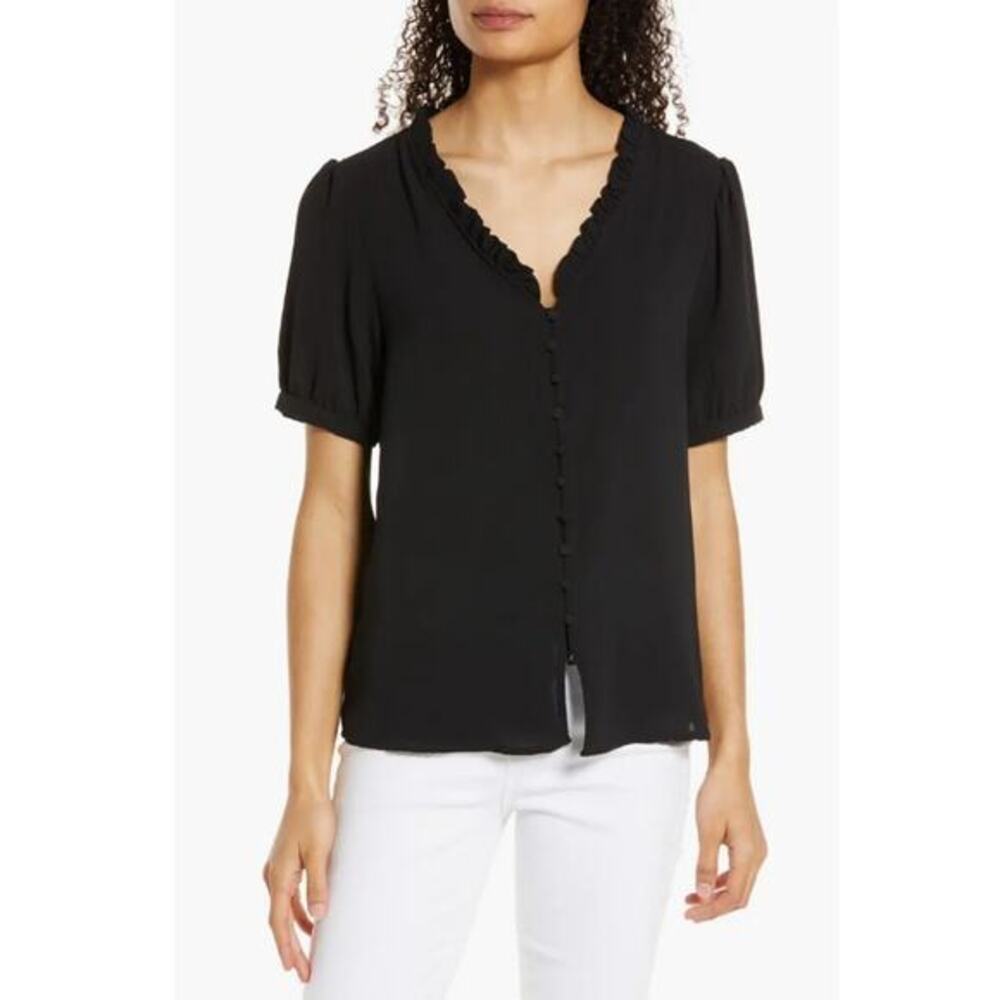 CeCe Women's Rich Black Frill V-Neck Short Sleeve Button-Up Blouse Size S NWT